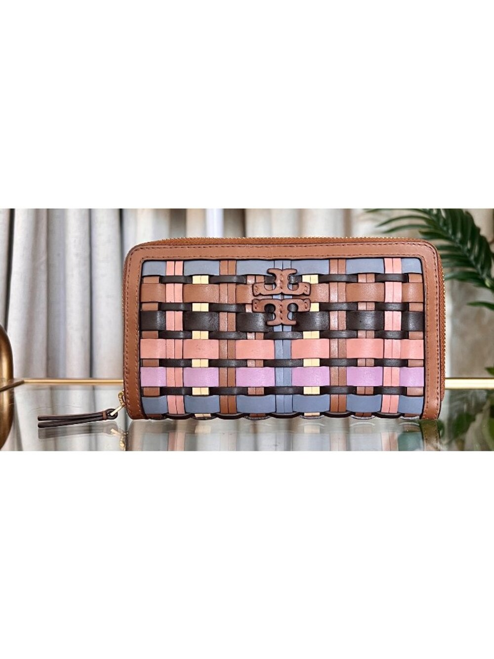 Tory Burch Womens Woven Leather Zip Wallet Multicolor Compact Design Brown Pink